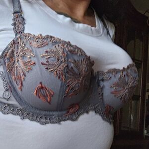 Chantelle Gray and Orange Embroidered Bra